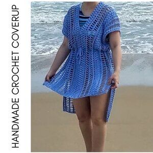 Handmade Women's Medium Large Crochet Swim Coverup Blue High Low Tie Waist